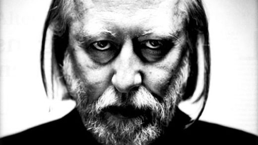 A black and white image of the Hungarian author Lázló Krasnahorkai