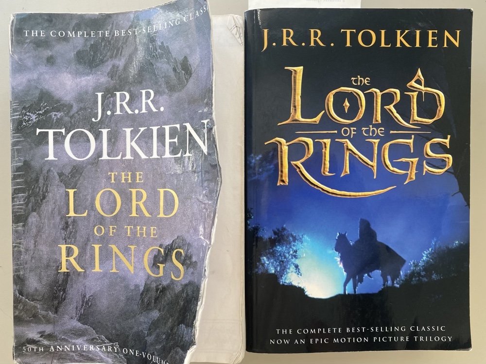 Covers of two different editions of the one-volume version of the Lord of the Rings (before and after the films)