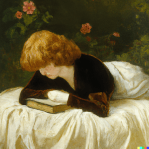 Pre-Raphaelite rendering of a person reading a book on their stomach