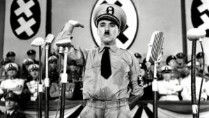 Charlie Chaplin in the 1940 film "The Great Dictator", part of Feb's reading and viewing