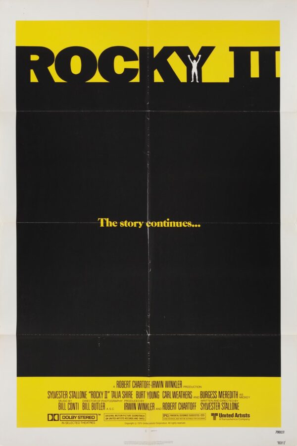 Promotional poster for the 1979 film "Rocky II" starring Sylvester Stallone, Carl Weathers, and Talia Shire.