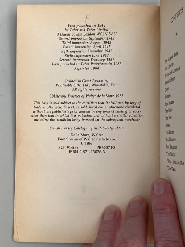 Copyright page of the Faber and Faber edition of "Best Stories of Walter de la Mare"