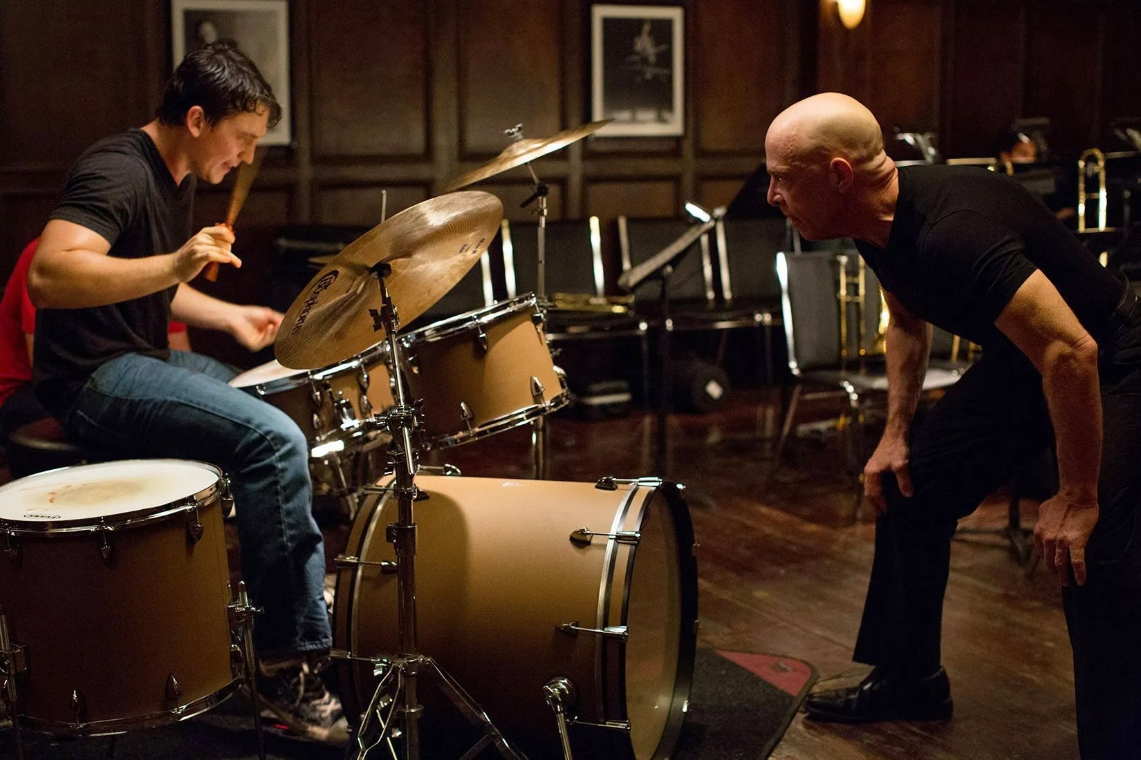 Miles Teller and J.K. Simmons in one psychologically violent scene in the 2013 Chazelle film Whiplash