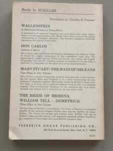 Back cover of the Ungar Publishing collection of Two Historical Plays by Friedrich Schiller, Mary Stuart and Maid of Orleans
