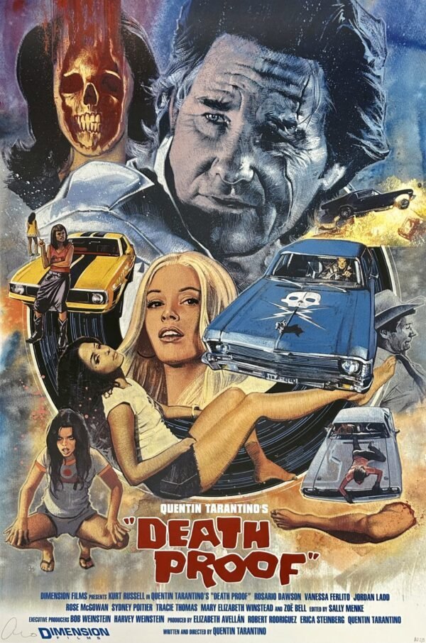 Poster for the 2007 Tarantino film "Death Proof" starring Kurt Russell, Rose McGowan, Vanessa Ferlito, Tracie Thoms, Zoe Bell, and Rosario Dawson