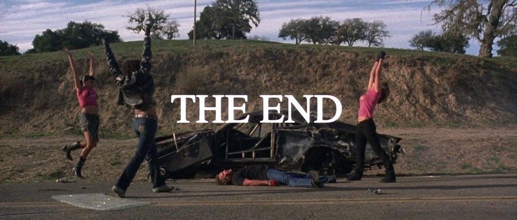 Still from the 2007 Tarantino film "Death Proof" starring Kurt Russell, Rose McGowan, Vanessa Ferlito, Tracie Thoms, Zoe Bell, and Rosario Dawson